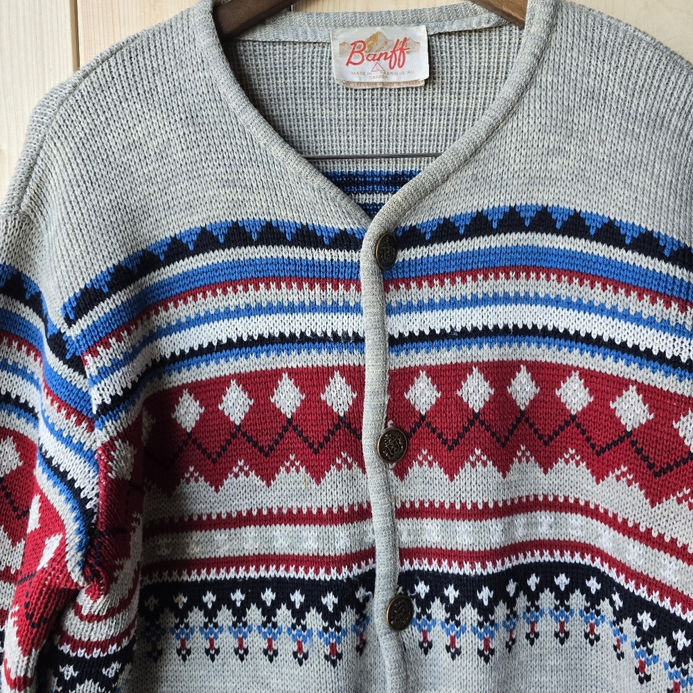 Vintage Banff Nordic Wool Cardigan Button Sweater Grey Red Mens Large - Picture 2 of 11
